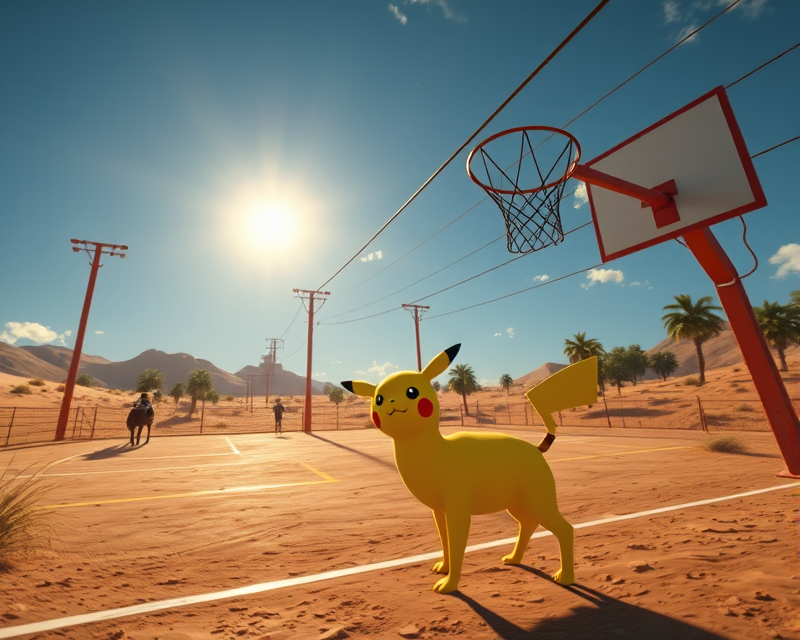 sun, pikachu, basketball, camel, cable car